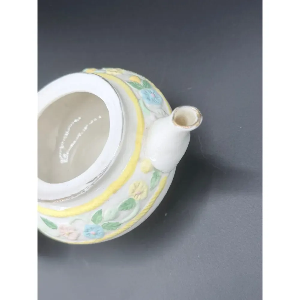 Floral Applique Ceramic Teapot Raised Flowers Yellow Rope Trim 6 Inch